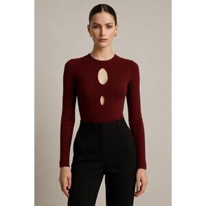 Ronny Kobo Cutout Front Long Sleeve Knit Bodysuit Minimalist Burgundy Women's XS